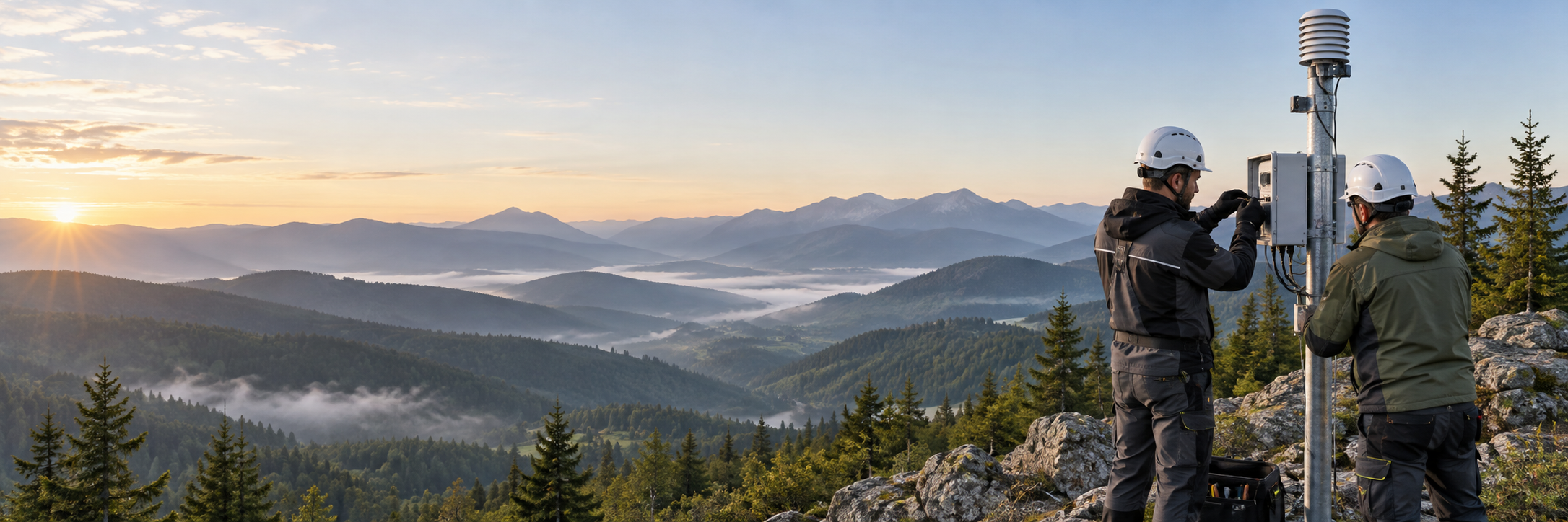 Mountain panorama with two technicians installing monitoring equipment on the right.